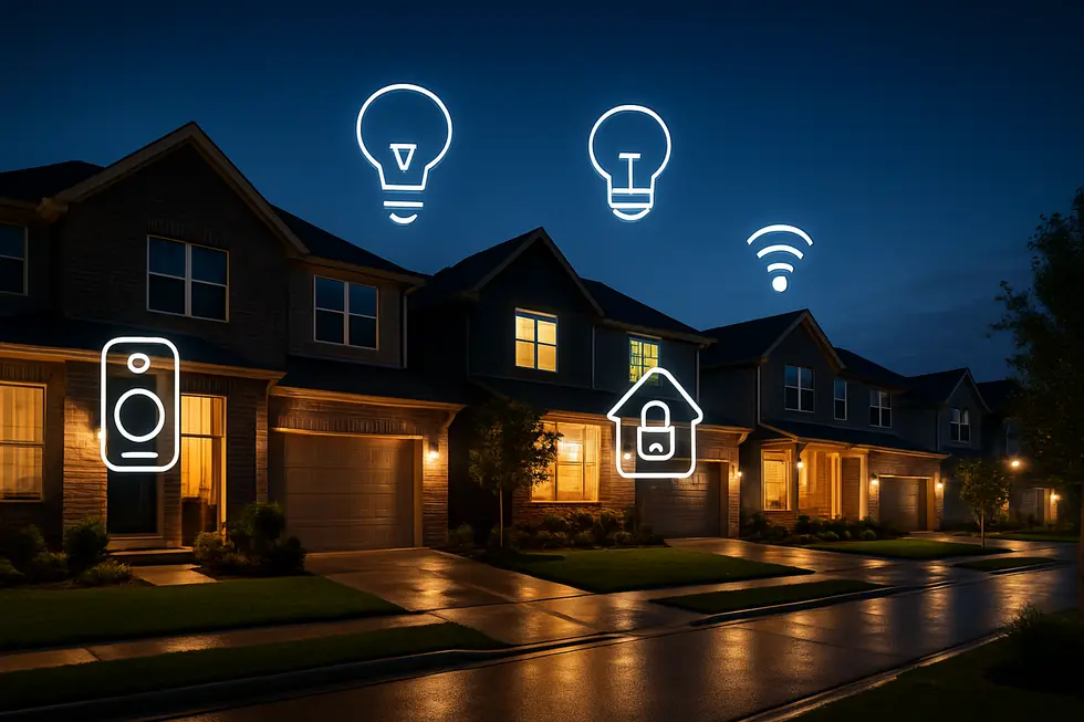 A beautiful neighborhood in Katy with modern smart homes illuminated at night, showcasing advanced smart home technology integration.