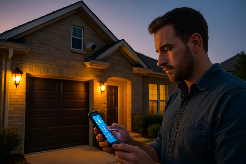 Katy rental property featuring smart lighting, security, and automation at dusk
